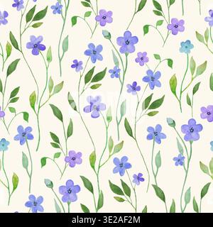 Nahtloses Blumenmuster in Aquarellfarben mit zarten lilafarbenen Forget-Me-Not-Blüten und weichen grünen Blättern auf cremefarbenem Hintergrund. Handgemalte Abbildung. Stockfoto
