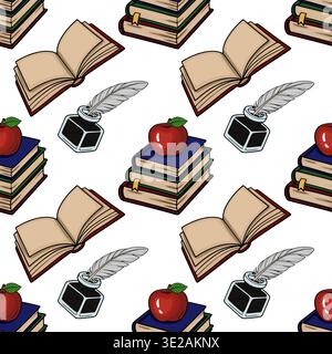 Nahtloses Vektormuster von offenen Büchern, Stapeln von Büchern mit Äpfeln und Tintenflecken mit Quillen auf weißem Hintergrund Stock Vektor