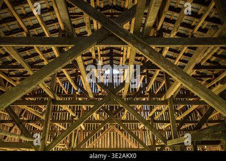Innenansicht einer Tabakscheune mit Holzregalen, Balken und Metalldach mit reflektiertem braunem Licht. Stockfoto