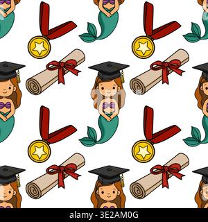 Entzückende Cartoon Graduation Meerjungfrau nahtlose Muster Vektor Illustration mit Diplomen und Medaillen Stock Vektor