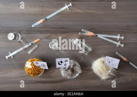 Hintergrund mit verschiedenen Allergenen wie Milben, Pollen und Tierhaaren und Hautschuppen auf einem Holztisch mit mehreren Dosen Impfstoff in Durchstechflaschen und Syrin Stockfoto