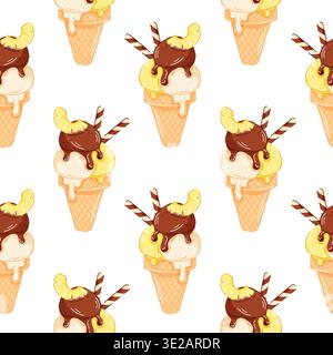 Nahtloses Muster aus Eiskegel mit Vanilla-, Zitronen- und Zartbitterschokolade-Schaufel im Cartoon-Stil. Design für Dessertmenü, Sommerpaket und Karte. Stock Vektor