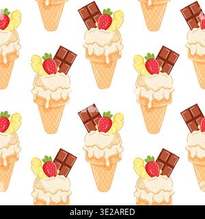 Nahtloses Muster aus Vanilleeiskegel im Cartoonstil mit Schokoladenriegel, Erdbeeren- und Ananasscheibe. Perfekt für Café-Menü im Sommer Stock Vektor