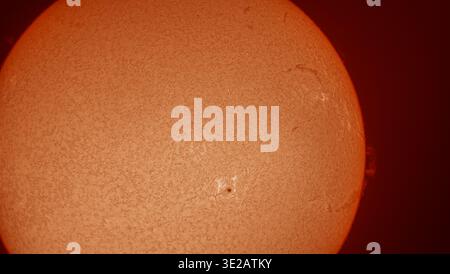 London, Großbritannien. März 2026. Scheibe der Sonne, fotografiert durch ein solargefiltertes Teleskop (Hydrogen alpha) mit markantem Sonnenfleck 4392 unter der Mitte, eine mögliche Quelle für Sonneneruptionen und aurora auf der Erde. Riesige Prominenzen springen vom Rand der Scheibe. Quelle: Malcolm Park/Alamy Live News Stockfoto