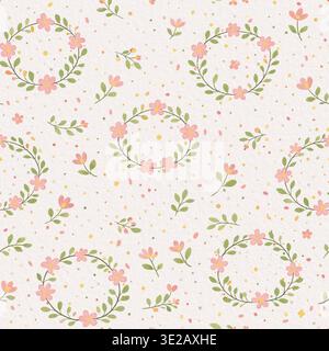 Nahtloses Aquarellmuster mit Kränzen, rosa Blumen und grünen Blättern auf hellbeigem Hintergrund Stockfoto