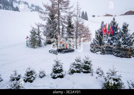 Schneeräumer und Fahnen in der Nähe von Chalets in Oberlech, Österreich, Winter Stockfoto