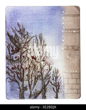 Handgefertigte Miniatur mit Bäumen mit Weihnachtskugeln in der Nähe des Gebäudes am verschneiten Schneesturmabend in Moskau, handgezeichnet von Aquarellen auf weißer Textur Stockfoto