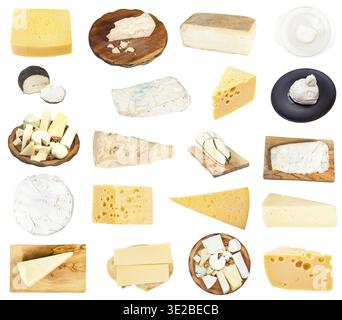 Collage aus verschiedenen Käsestücken isoliert auf weißem Hintergrund Stockfoto