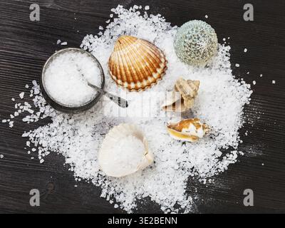 Blick von oben auf Salzkeller, Muscheln und grobkörniges Meersalz auf dunkelbraunem Holzbrett Stockfoto