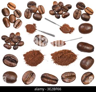 Satz verschiedener gemahlener Kaffee und Bohnen isoliert auf weißem Hintergrund Stockfoto