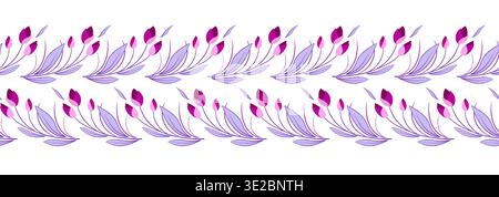 Sanfte lineare Verzierung von Tulpen. Nahtloser Blumenrand. Hübsches Dekor mit rosa violetten Pflanzen. Blumengirlande aus gekrümmten Blättern und Blüten auf weißem Rücken Stock Vektor