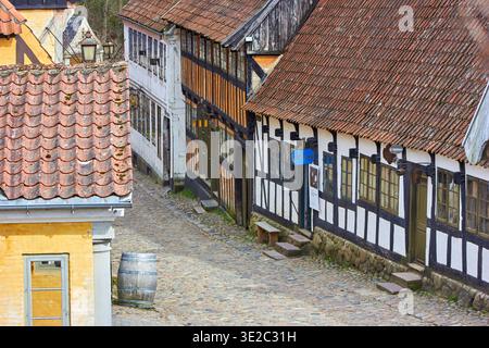 Eine charmante, enge Kopfsteinpflasterstraße, gesäumt von historischen Fachwerkhäusern in einem traditionellen europäischen Dorf. Die malerische Szene bietet... Stockfoto