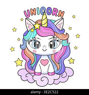 Ein niedliches Einhorn mit Regenbogenmähne sitzt auf einer Wolke zwischen den Sternen. Schriftzug: 'Unicorn'. Geeignet für Kinderdesigns, Drucke, Poster, Karten, sti Stock Vektor