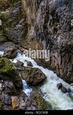 Eine dynamische Bergschlucht mit einem schnell fließenden Fluss, der durch steile, zerklüftete Felswände schneidet. Das Wasser rauscht über große Felsbrocken und schafft Stockfoto