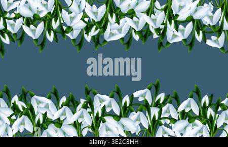 Weiße Schneeglöckchen, grüne Äste, Spritzer. Nahtloser, botanischer Blumenrand. Digitales Aquarell Stockfoto