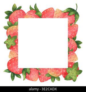 Niedlicher quadratischer Rahmen mit Erdbeeren. Sommerbeeren im kindlichen Cartoon-Stil. Aquarellillustration handgezeichnet und isoliert auf einem weißen Hintergrund. Stockfoto