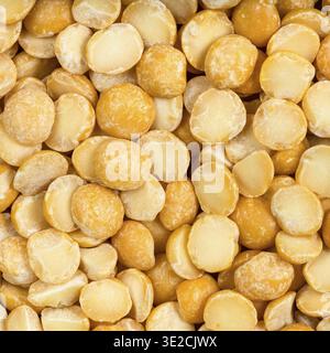 Quadratischer Lebensmittelhintergrund - rohe getrocknete gespaltene gelbe Erbsen Nahaufnahme Stockfoto