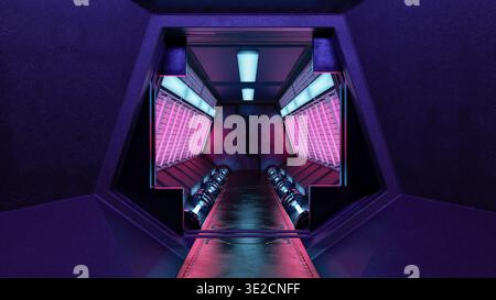 Futuristische Raumstation oder Raumschiff-Innentunnel. Cyberpunk Science-Fiction-Konzept 3D-Rendering. Stockfoto