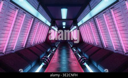 Futuristische Cyberpunk-Raumstation oder Raumschiff-Innentunnel. Science-Fiction-Konzept 3D-gerenderte Illustration. Stockfoto