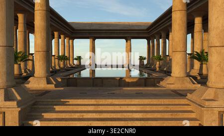 Antike ägyptische Pool-Garten-Atrium mit Steinsäulen. Der blaue Himmel spiegelt sich im Wasser bei Sonnenuntergang. 3D-Rendering. Stockfoto