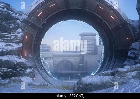 Sience Fantasy Portal ein abgelegener Außenposten in einer arktischen Landschaft. 3D-Rendering. Stockfoto