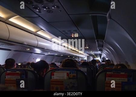 Rückansicht der Fluggäste, die in einer modernen Flugzeugkabine mit Überkopffächern und beleuchteten Deckenverkleidungen sitzen, die den Innenraum des gewerblichen Luftverkehrs erfassen; Stockfoto