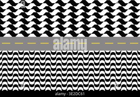 Brasilianisches Straßenmuster: Geometrisches Design von Sao Paulo und Copacabana-Wellen, die durch eine Straße getrennt sind. Schwarzweiß-Grafiken für Kunst, Kultur, Reisen und Stockfoto