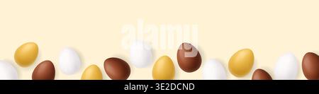 Horizontaler Rand aus goldenen, braunen und weißen Ostereiern. Festliches 3D-Hintergrunddesign Stock Vektor