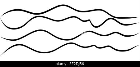 Satz paralleler Wellenlinien wie weiche Kabel. Dicke fließende Streifen sorgen für einen horizontalen Wellenrhythmus für abstrakte Überschriften, Sound- oder Wasser-Layouts und minimalistische Muster in weiß Stock Vektor