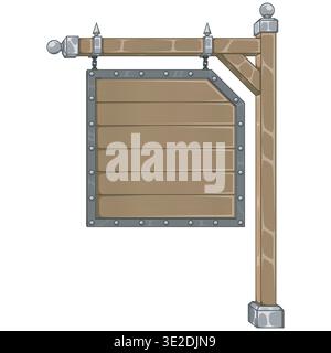 Eine detaillierte Illustration eines mittelalterlichen europäischen Ladenschildes mit realistischen Holz- und Schmiedeeisernen Texturen. Warme Farben erinnern an die Atmosphäre einer alten Stock Vektor
