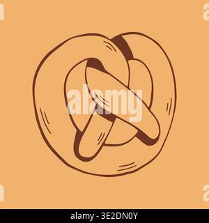 Hand gezeichnete Vektor-Illustration einer verdrehten weichen Brezel in einem minimalistischen braunen Linienart. Klassisches Symbol für einen salzigen deutschen Snack für ein Backmenü Stock Vektor