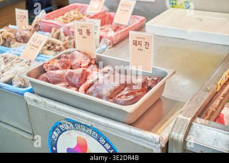 Lebendige Fotos vom Bupyeong Kkang Markt machen vielfältige Street Food, multikulturelle Snacks, frische Produkte und Getreide in einer lebhaften Umgebung wunderschön. Stockfoto