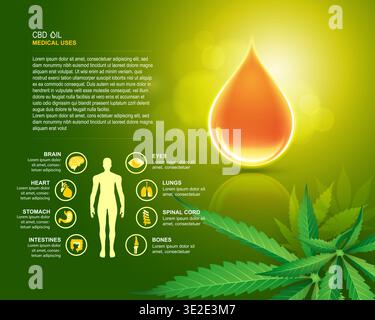 Cannabisöl für medizinische Zwecke Infografik, cbd-Öltropfen mit Marihuanablatt für Gesundheitsthema Stock Vektor