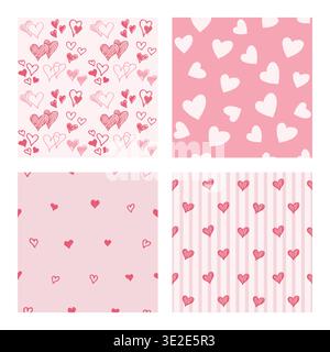 Set aus nahtlosen Mustern mit handgezeichneten Doodle-Herzen in verschiedenen Stilen Kollektion romantischer Hintergründe für valentinstag Geschenkpapier Textil PR Stock Vektor
