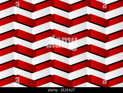 Rot-weiße, gekrümmte Zick-Zack-Streifen abstrakter geometrischer minimaler Hintergrund mit einem auffälligen isometrischen 3D-Effekt. Vektordesign Stock Vektor