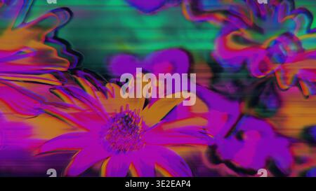 Neon-Floral-Glitch mit chromatischer Aberration und digitalem Rauschen Stockfoto