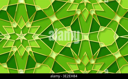 Grüner und goldener islamischer Hintergrund mit geometrischen Sternmustern mit 3D-Arabesken-Formen Stock Vektor
