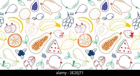 Hintergrund Hand gezeichnet bunter Satz von Früchten und Beeren. Saftiges, farbenfrohes, fruchtiges nahtloses Muster. Gesunde Bio-Lebensmittel, Doodle Sketch-Stil-Druck Stock Vektor
