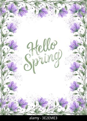 Ein Rahmen aus lila Blumen im Aquarellstil, ideal für Einladungen, Grußkarten, Drucke und Dekor. Stockfoto