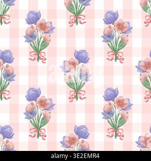 Ein nahtloses Muster mit zarten Sträußen aus rosa und lila Blumen mit Bändern im Aquarellstil. Eine elegante Blumenillustration für Stoff Stockfoto