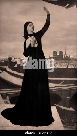 Sainte Geneviève veillant sur Paris (Saint Genevieve beobachtet Paris), um 1874–1876, von Pierre Puvis de Chavannes. Die Szene zeigt den schutzheiligen von Paris in einem langen schwarzen Gewand, der nachts von einem Balkon aus über die schlafende Stadt wacht. Musée d'Orsay, Museum in Paris, Frankreich. Stockfoto