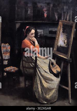 MuséeFine Art Ölgemälde mit dem Titel 'L'Atelier de Corot. Jeune femme pensive, une Mandoline à la Main, um 1865–1866, von Jean-Baptiste-Camille Corot. Das nachdenkliche Modell sitzt vor einer Staffelei im Atelier des Künstlers d’Orsay, Museum in Paris, Frankreich. Stockfoto