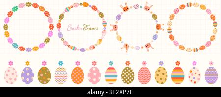 Niedliche Ostervektoreier und Hasenrahmen mit Blumen, runde Borten in Pastellfarben, Frühlingskränze für Grußkarten und Osterpaket Design Stock Vektor