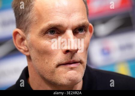 England-Manager Thomas Tuchel während einer Pressekonferenz im Wembley Stadium in London. Bilddatum: Freitag, 20. März 2026. Stockfoto