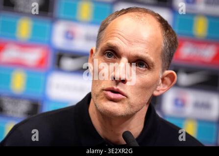 England-Manager Thomas Tuchel während einer Pressekonferenz im Wembley Stadium in London. Bilddatum: Freitag, 20. März 2026. Stockfoto