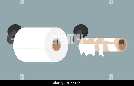 Volle und leere Toilettenpapierrollen auf schwarzen Wandhaltern. Vektorillustration für humorvolle Designs, Plakate im Badezimmer, Memes in sozialen Medien und c Stock Vektor