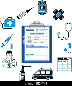 Medizinisches Konzept mit zwei farbigen flachen Symbolen Mediacl Record, Arzt, Stethoskop, Spritze, Kardiogramm, Blutbehälter. Isolierte Vektordarstellung Stock Vektor