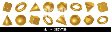 Abstrakte Goldformen, 3D-Kugelfigur. Goldenes Symbol-Rendering eines geometrischen Metallelements. Kugelringwürfel in gelbem Hochglanzvektor, holographischer Torus, Kegel Stock Vektor