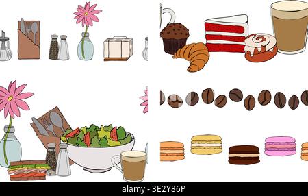 Kaffee Café Süßigkeiten nahtlose horizontale Rand Set handgezeichnete Illustration. Vektorgrafik farbige Strichtinte. Für Poster, Einladung, Hintergrund, Werbung, Stock Vektor