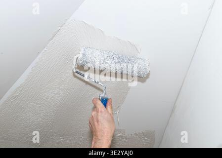 Hand mit Walze zum Auftragen von Polymerputz an einer Wand während der Renovierung Stockfoto